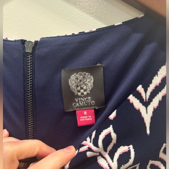 Vince Camuto Women’s Navy Blue Patterned Dress with Multicolored Hem - Picture 3 of 3